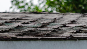 black shingles curl up from a roof in the heat