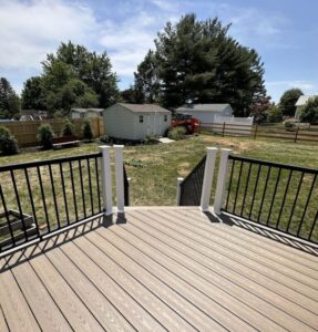 a brown composite deck on a sunny day