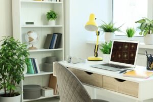 A home office with a white bookshelf against the wall and plants by the window