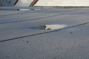 standing water on a flat roof that needs a commercial roof replacement